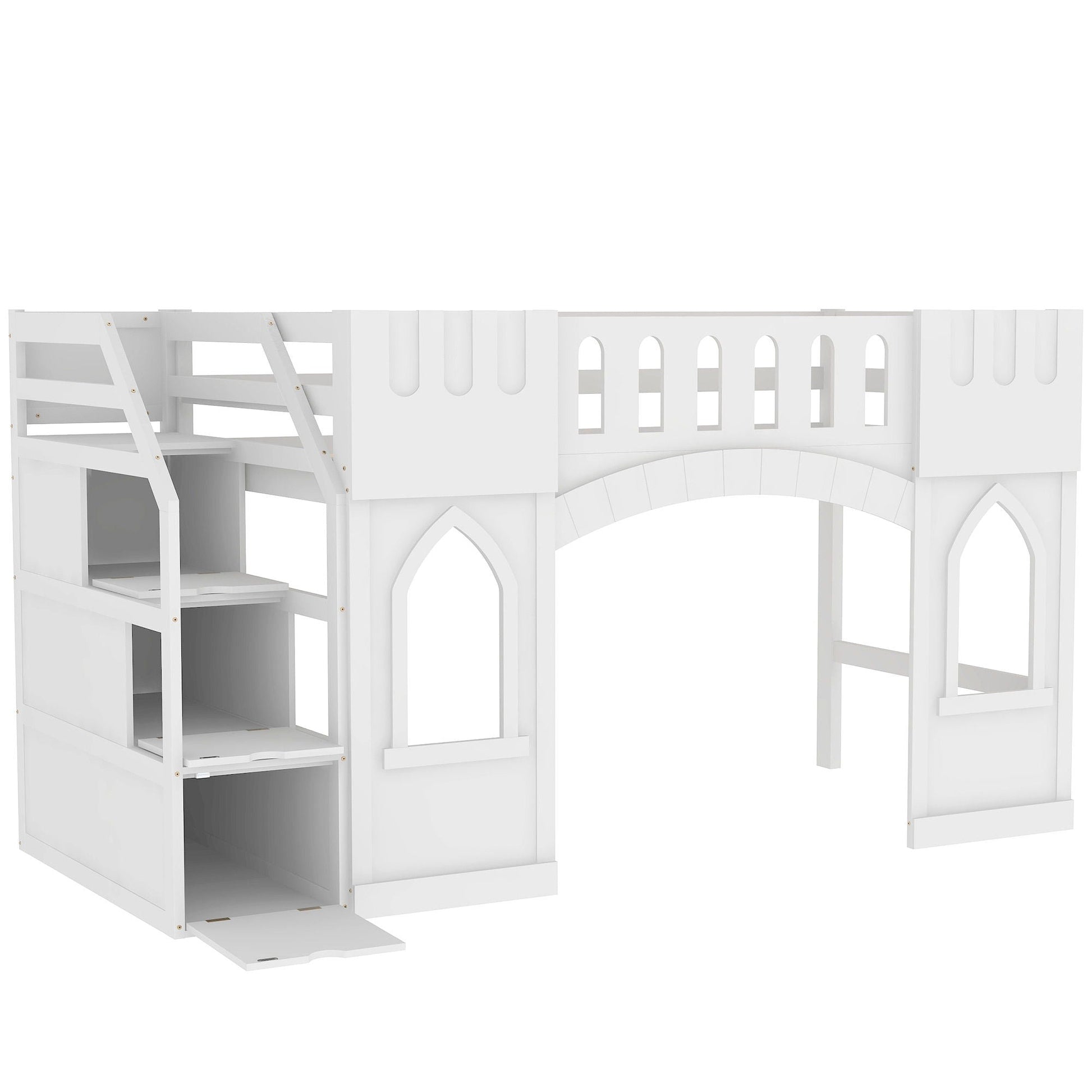 White loft bed with storage staircase and arched panel details on Tampa Home & Garden Store