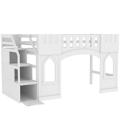 White loft bed with storage staircase and arched panel details on Tampa Home & Garden Store