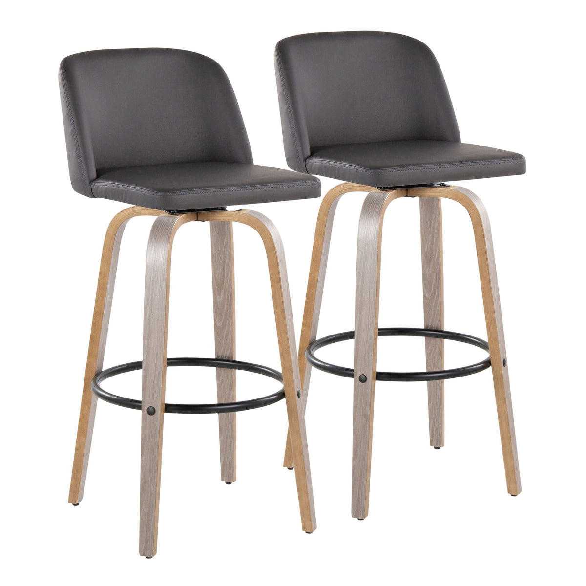 Set of 2 modern fixed-height bar stools with dark gray upholstery and curved wood legs, footrest on Tampa Home & Garden Store