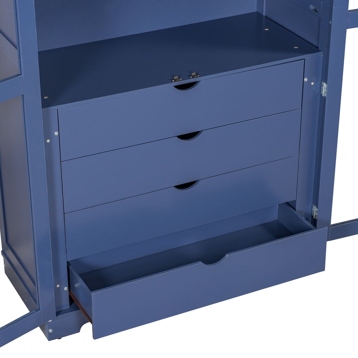 Blue Pine Cabinet With Glass Doors And Drawers