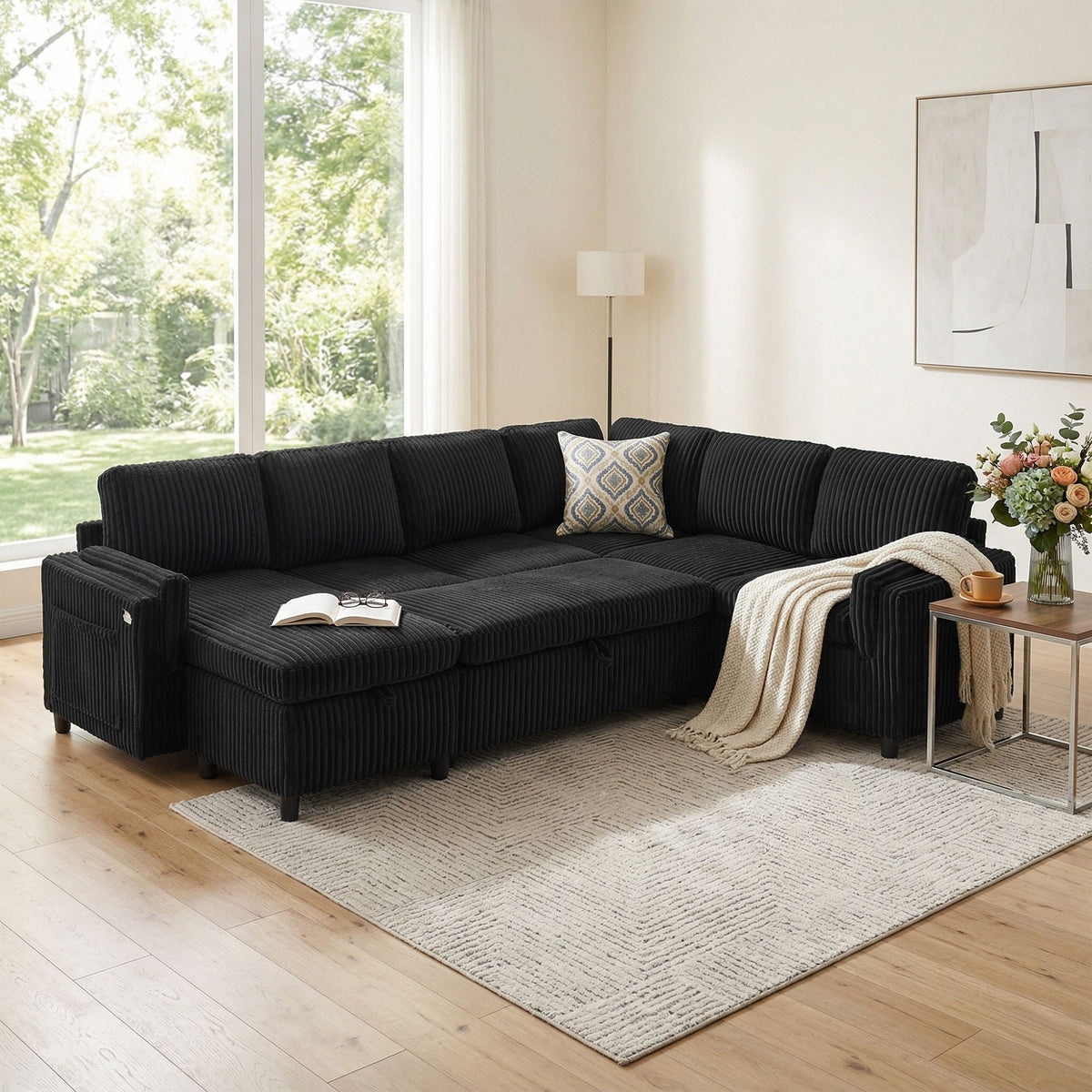 Convertible U-shaped sectional sofa in black corduroy with beige throw HouseOfZazla on Tampa Home & Garden Store