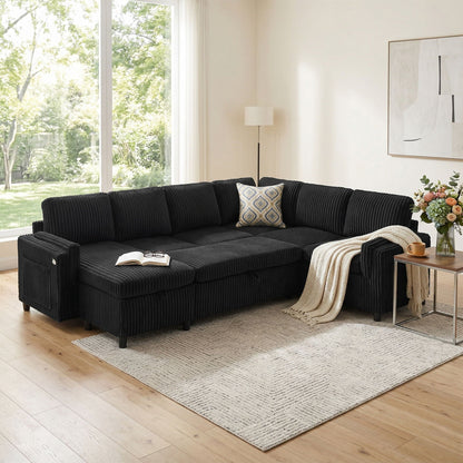 Convertible U-shaped sectional sofa in black corduroy with beige throw HouseOfZazla on Tampa Home & Garden Store