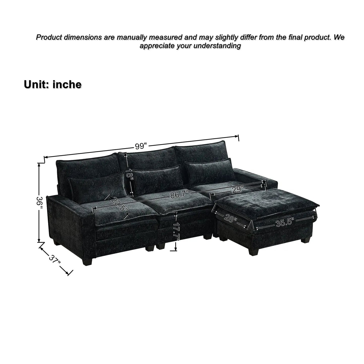Modern L-shaped sectional sofa with movable ottoman in black, 2pc set by Unique Piece Furniture on Tampa Home & Garden Store