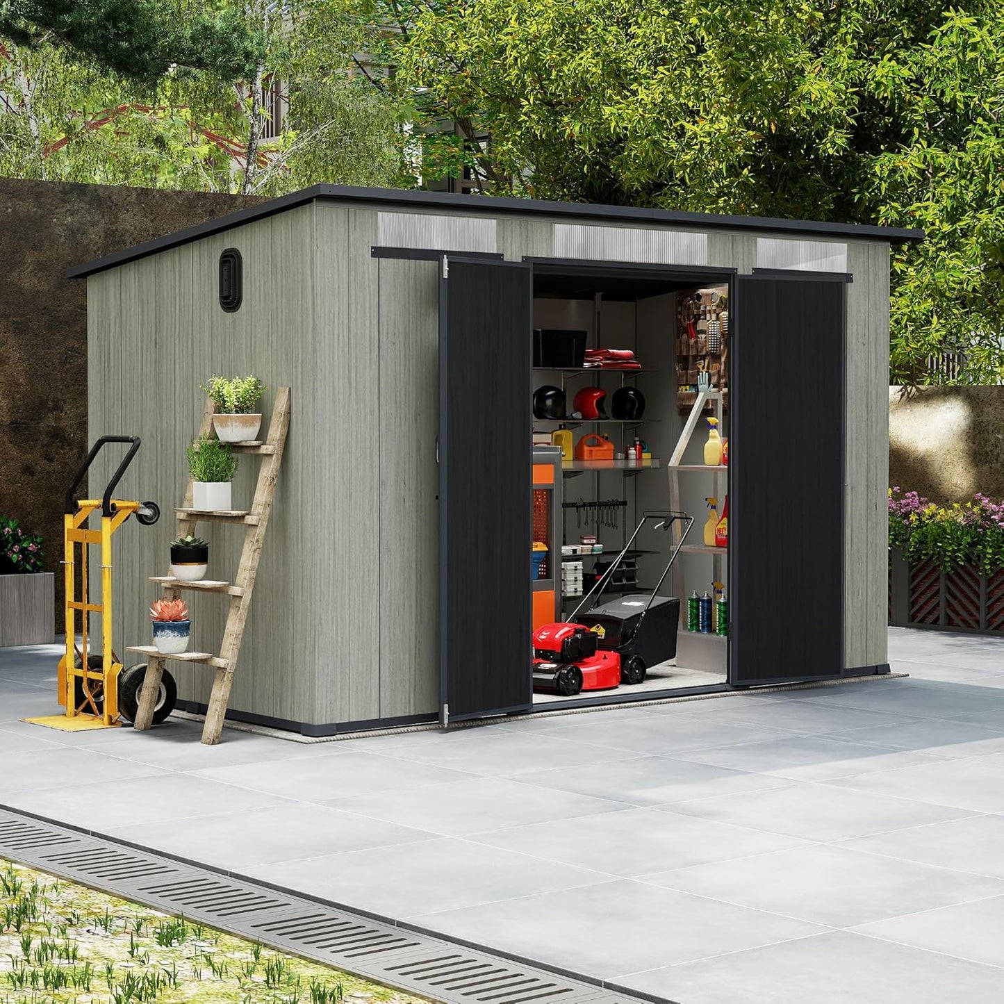 6x11FT Outdoor Resin Storage Shed gray exterior with black doors and interior shelves on Tampa Home & Garden Store