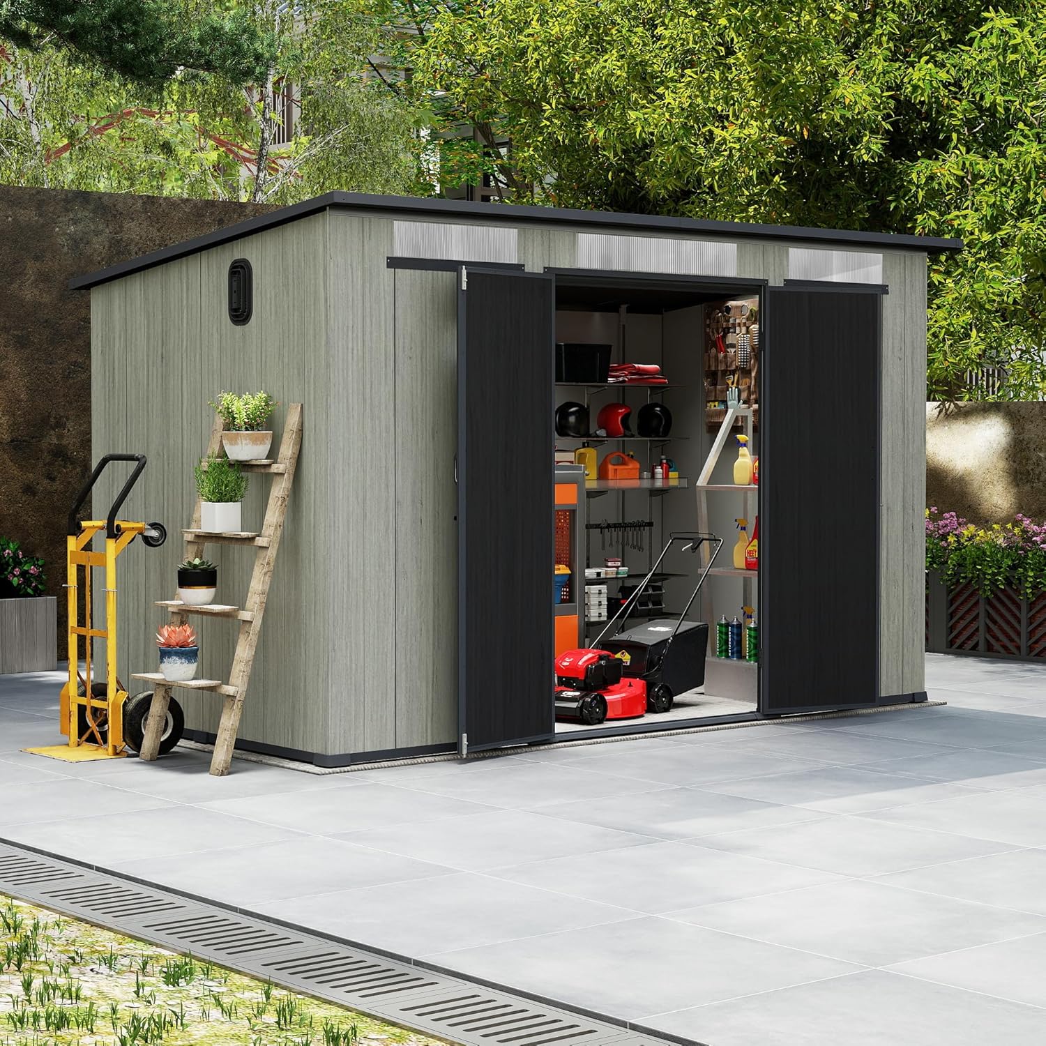 6x11FT Outdoor Resin Storage Shed gray exterior with black doors and interior shelves on Tampa Home & Garden Store