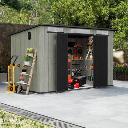 6x11FT Outdoor Resin Storage Shed gray exterior with black doors and interior shelves on Tampa Home & Garden Store