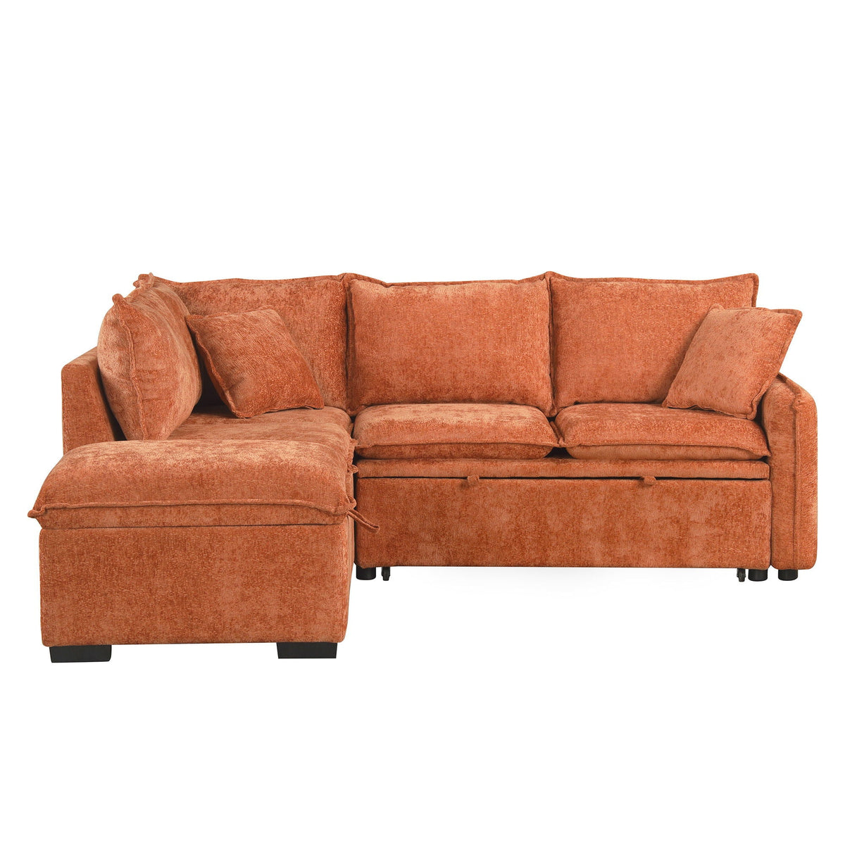 HouseOfZazla convertible sleeper sectional sofa with storage ottoman in rust-orange fabric and two pillows on Tampa Home & Garden Store
