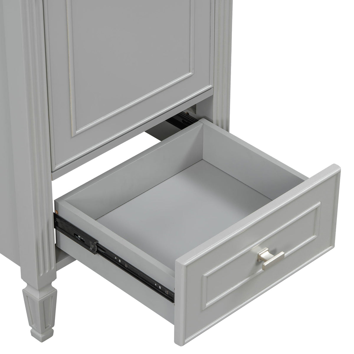 Retro bathroom vanity with sink in gray finish, open lower drawer, soft-close doors HouseOfZazla on Tampa Home & Garden Store