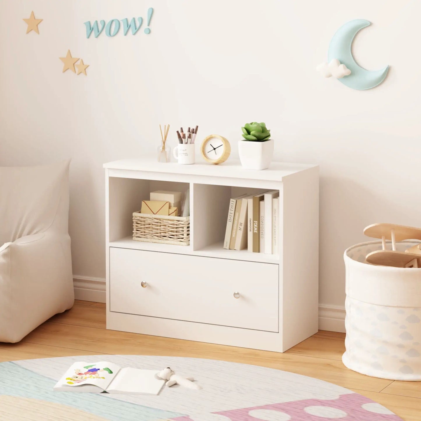 Toy storage organizer with large bottom drawer and low bookshelf, white for nursery playroom on Tampa Home & Garden Store