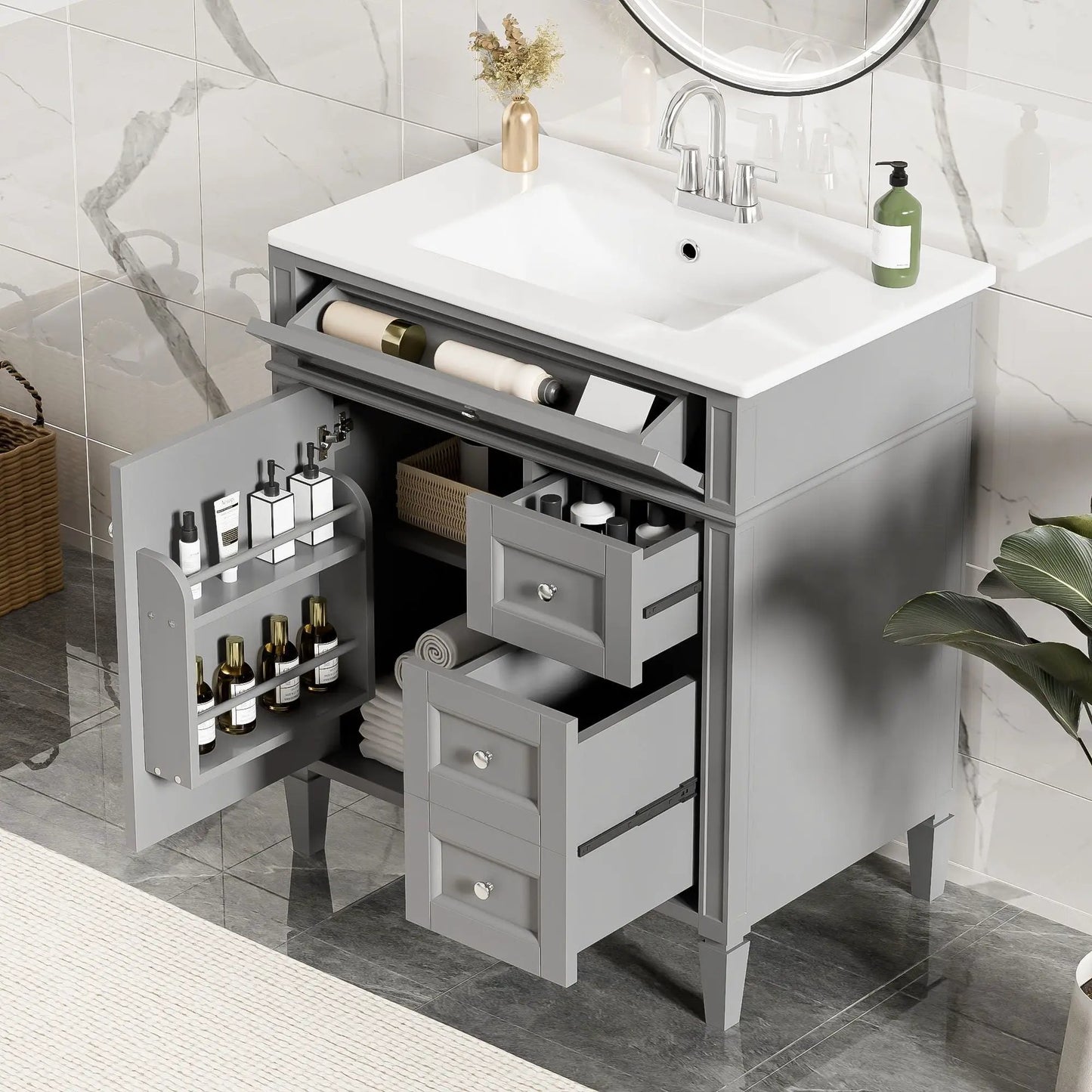 Bathroom vanity with top sink, gray cabinet, 2 drawers and tip-out drawer; chrome faucet on Tampa Home & Garden Store