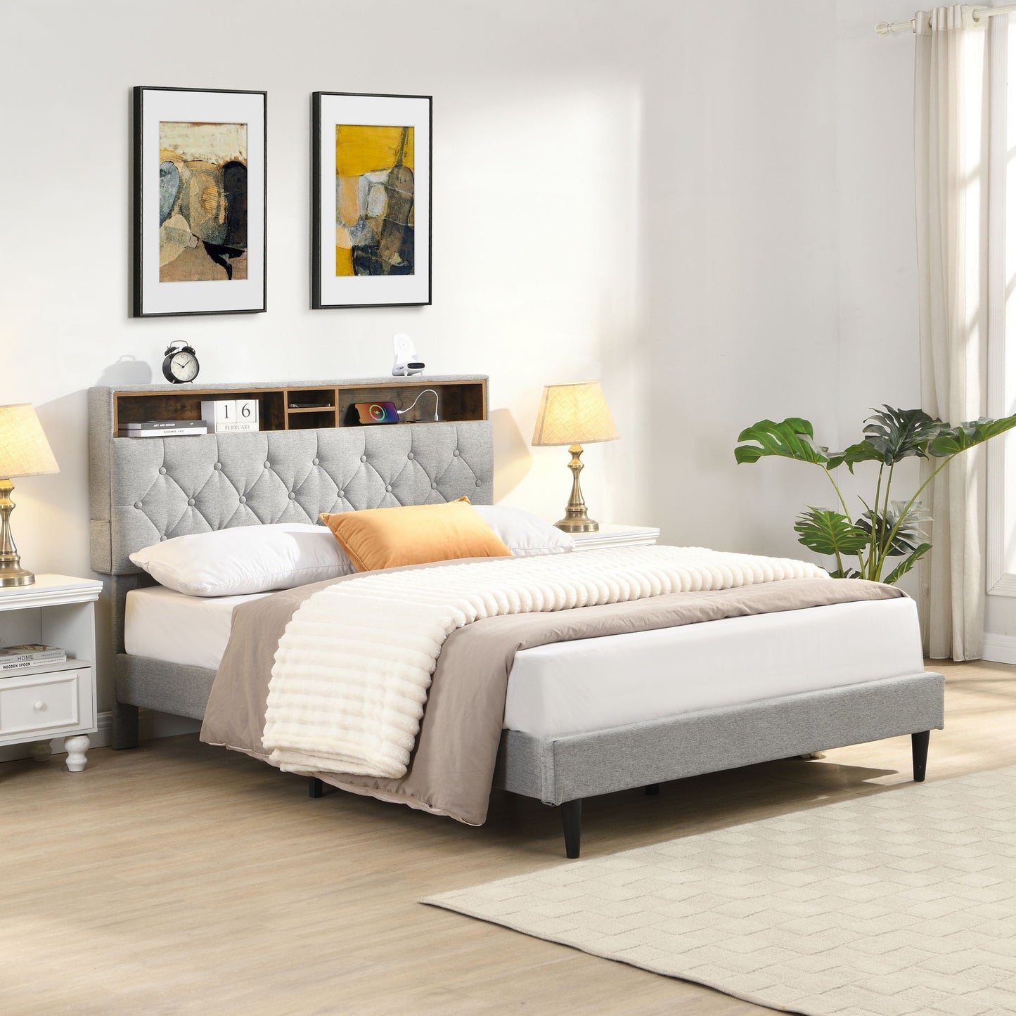 Modern Upholstered Bed Frame and Usb Ports