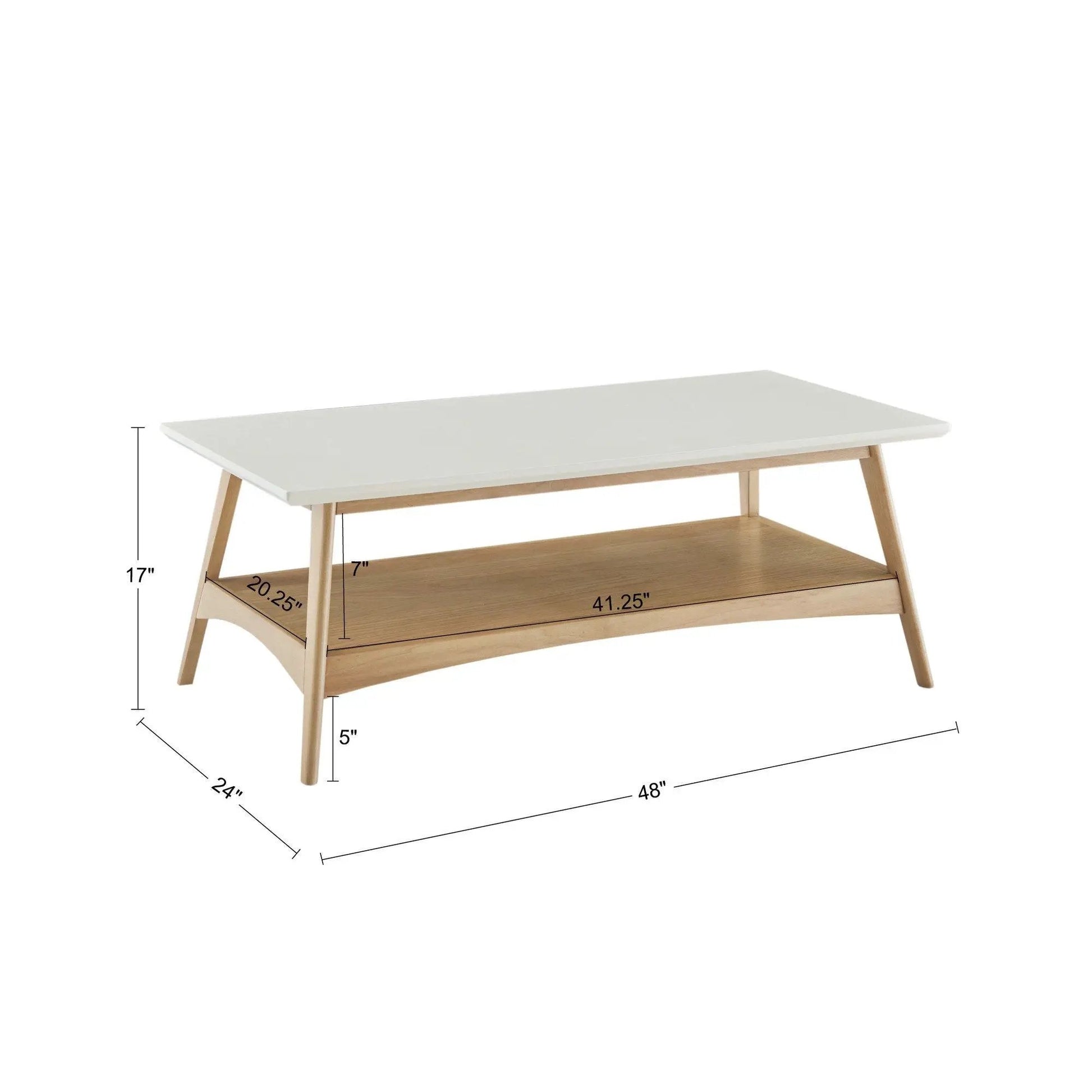 Modern coffee table with white top and light wood legs open storage on Tampa Home & Garden Store