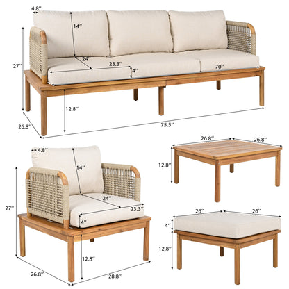 5-Piece Acacia Wood and Rope Patio Sofa Set with beige cushions HouseOfZazla on Tampa Home & Garden Store