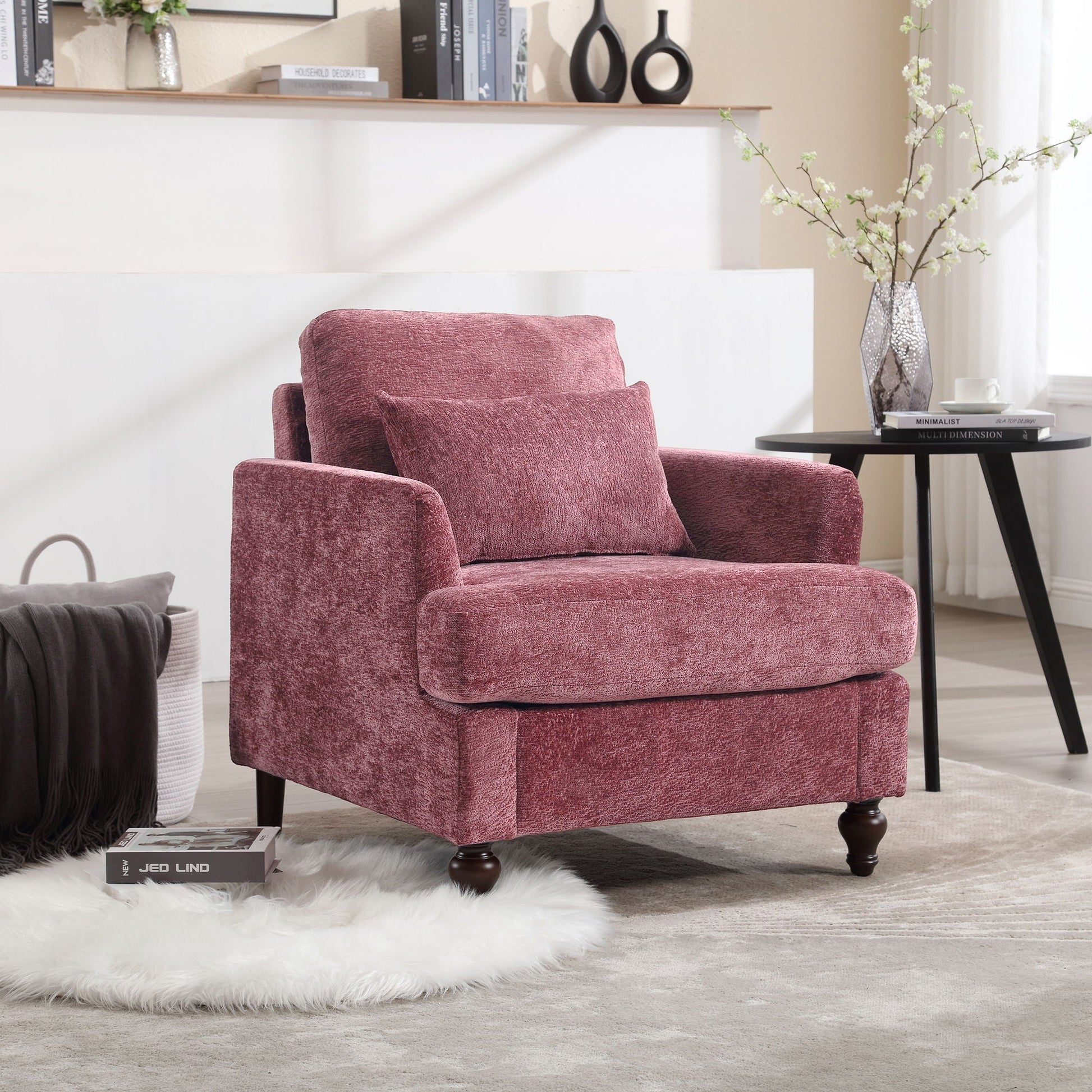 Modern Mid Century Wood Frame Armchair with Tufted Design in pink upholstery and dark wood legs on Tampa Home & Garden Store