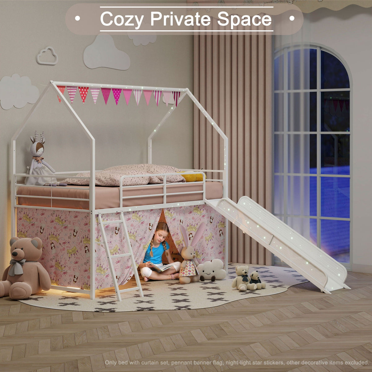 HouseOfZazla Jack loft bed with slide, white frame, pink curtain set, under-bed play tent on Tampa Home & Garden Store