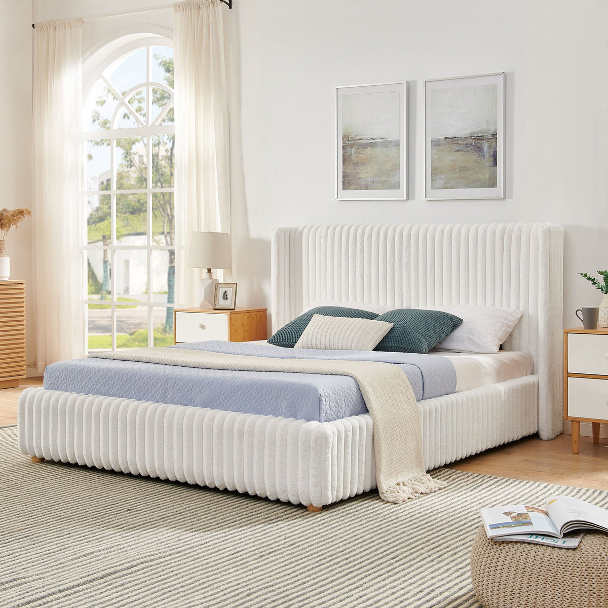 Storage bed by HouseOfZazla with vertical striped gray upholstery and gas lift on Tampa Home & Garden Store
