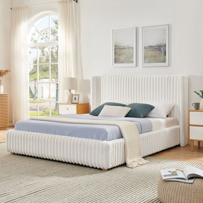 Storage bed by HouseOfZazla with vertical striped gray upholstery and gas lift on Tampa Home & Garden Store