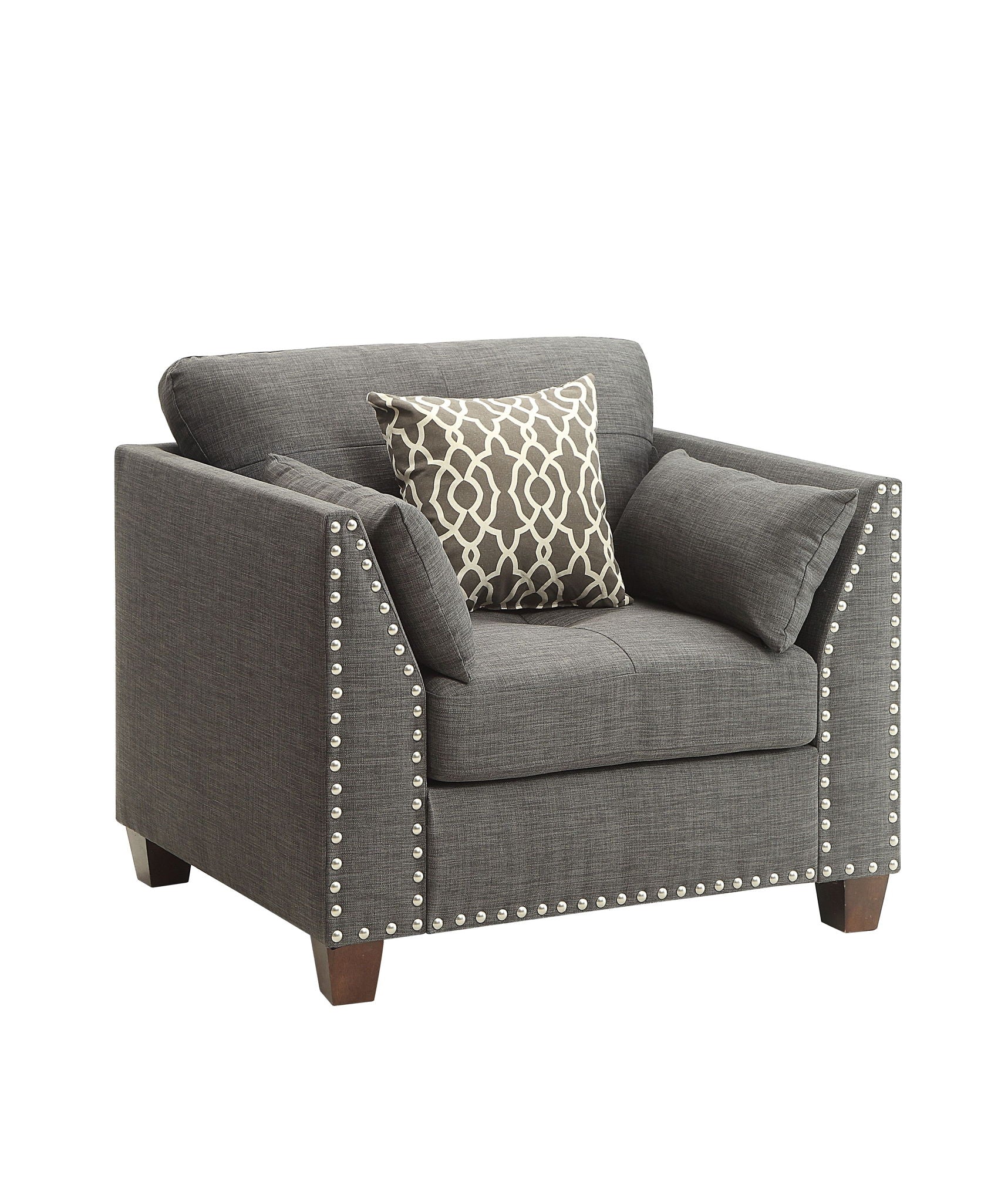 Laurissa Arm Chair with 3 pillows in light charcoal fabric, nailhead trim, HouseOfZazla on Tampa Home & Garden Store