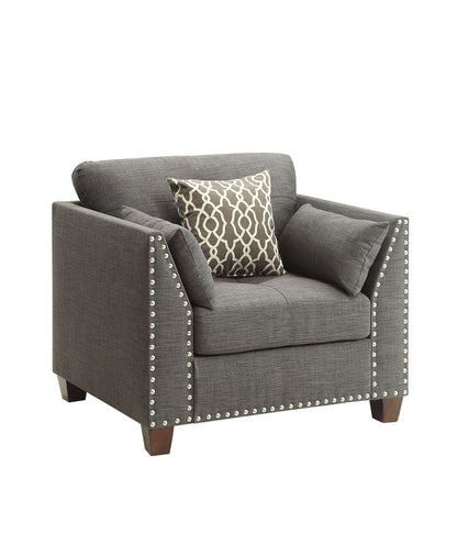 Laurissa Arm Chair with 3 pillows in light charcoal fabric, nailhead trim, HouseOfZazla on Tampa Home & Garden Store