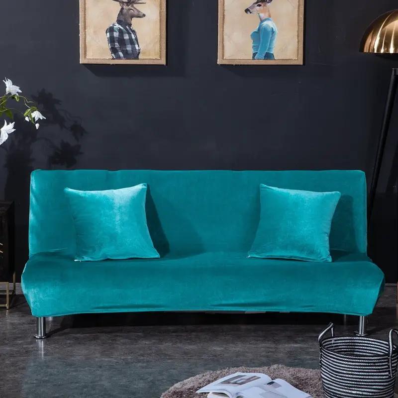 All-inclusive Silver Fox Velvet Armless Folding Sofa Bedspread teal velvet armless sofa with two cushions on Tampa Home & Garden Store