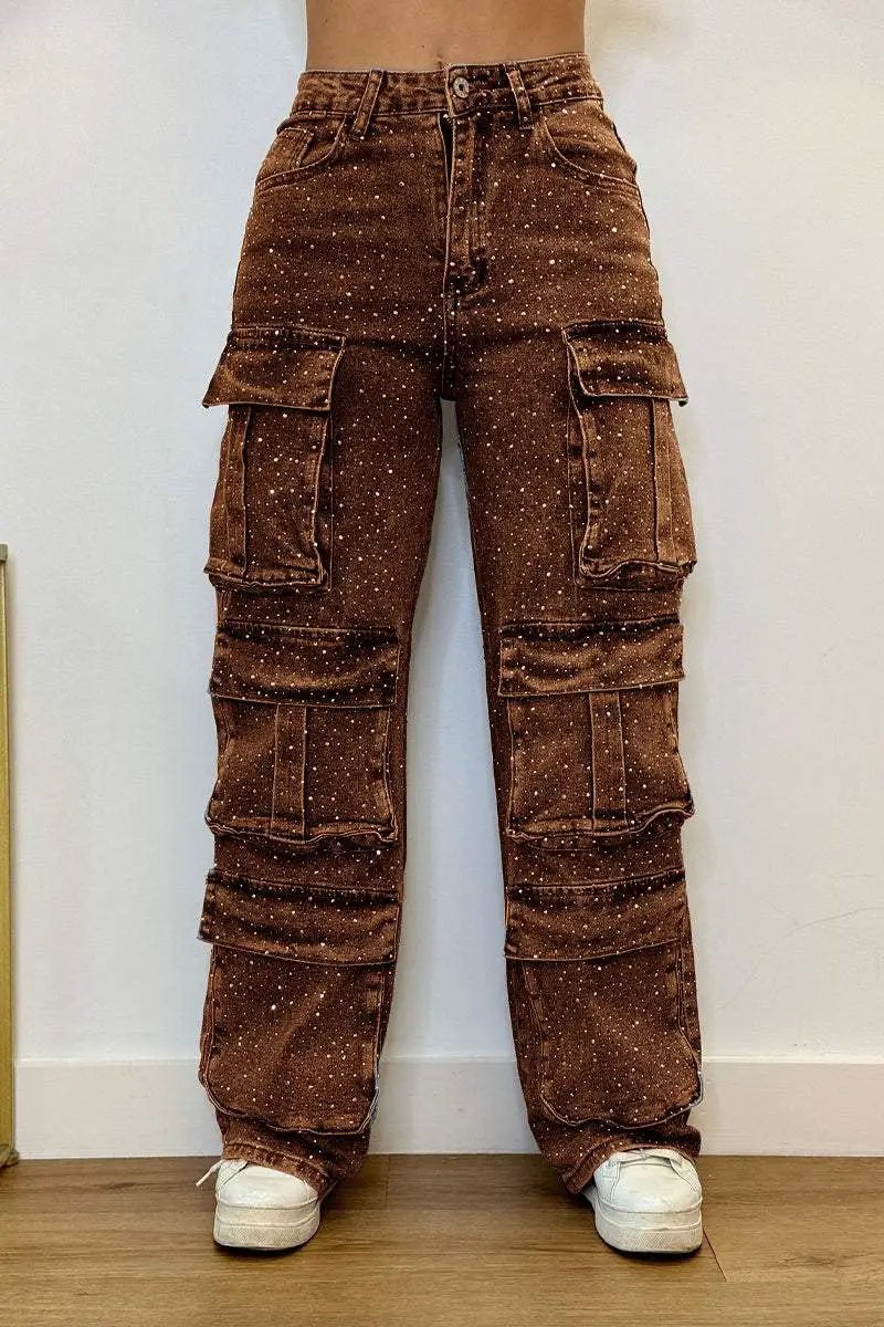 Women's brown cargo jeans with white speckle pattern and multiple large pockets on Tampa Home & Garden Store