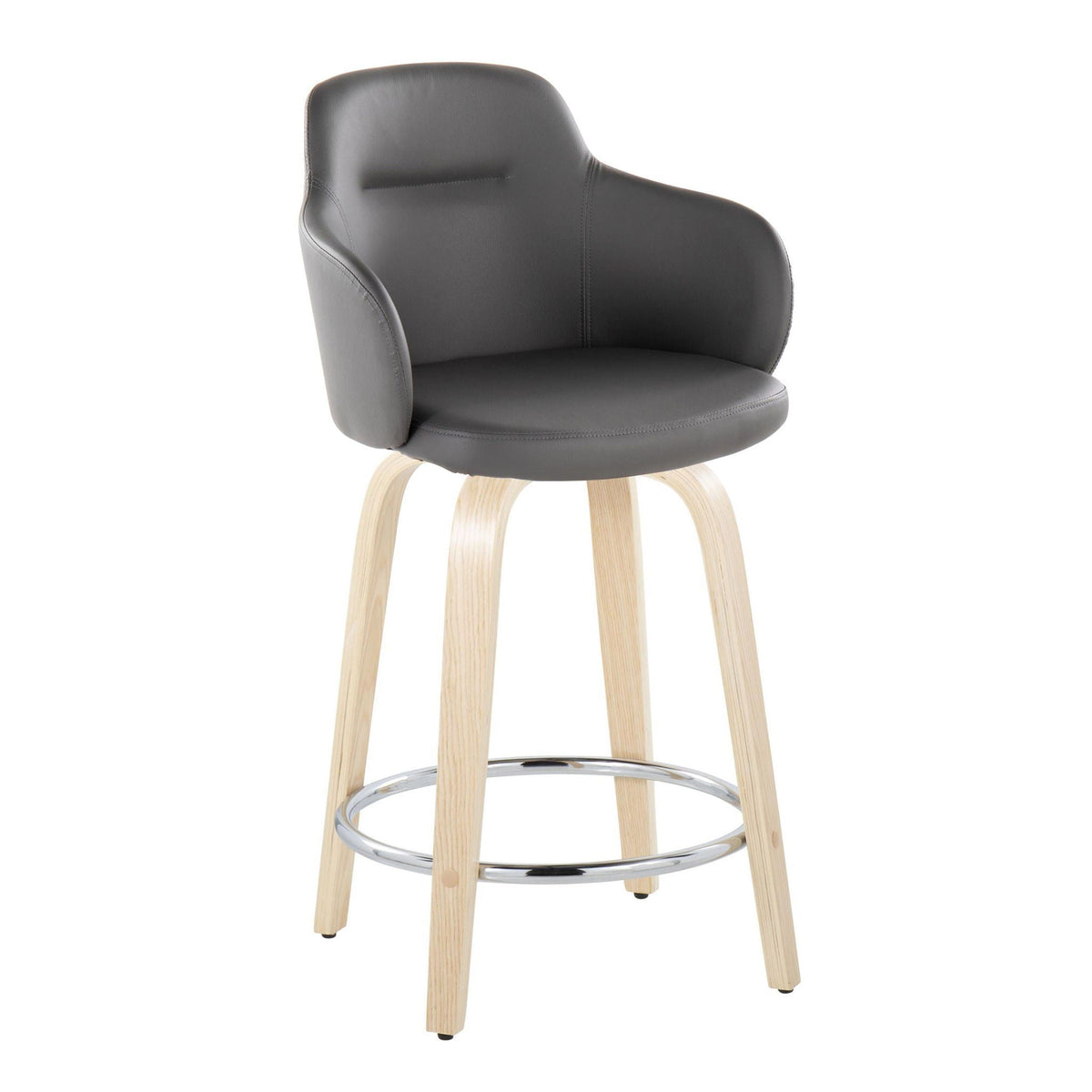 Contemporary fixed-height counter stool with black faux leather, wood legs and chrome footrest on Tampa Home & Garden Store