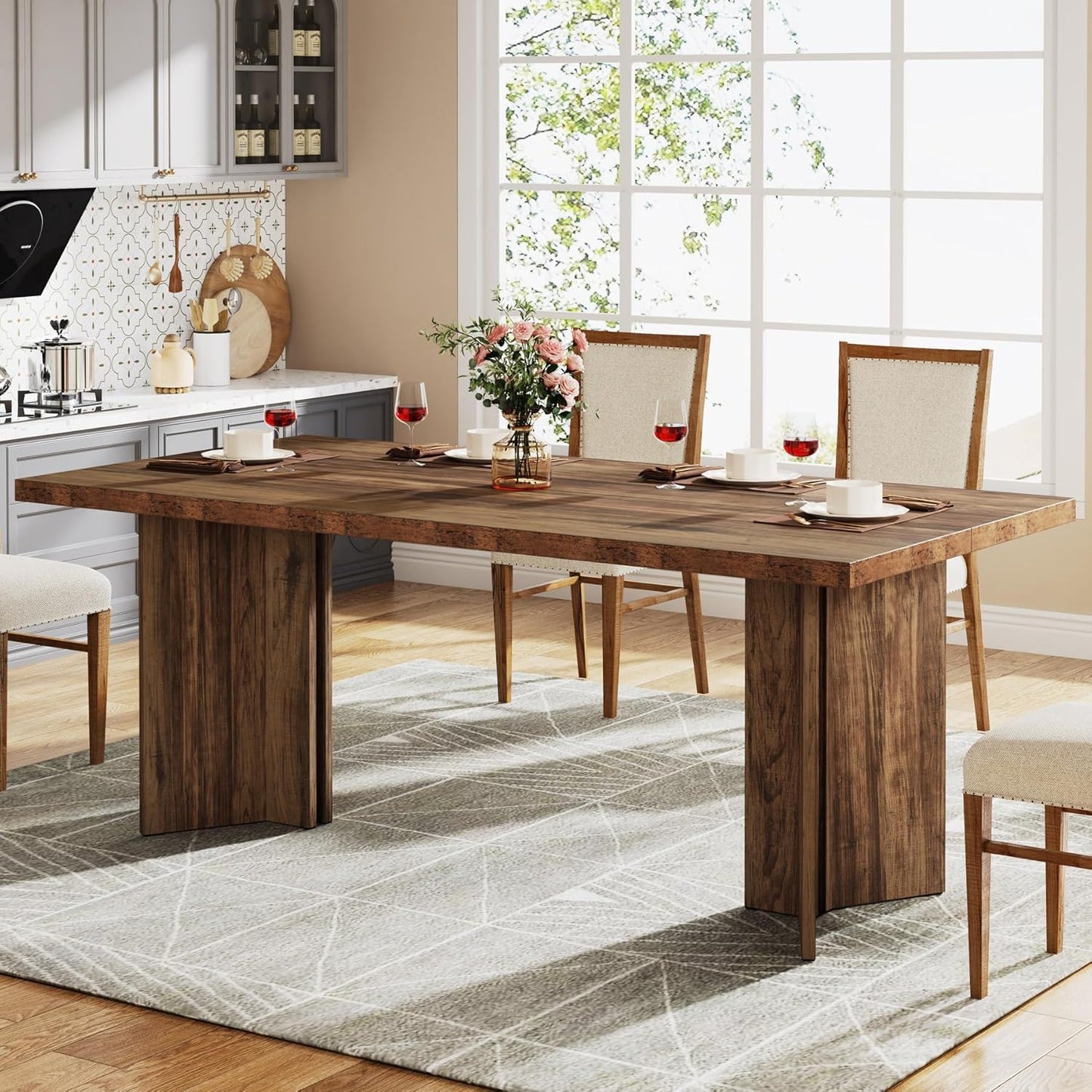 Dining table for 4–6 with thick rustic wood top and sturdy block legs, beige upholstered chairs on Tampa Home & Garden Store
