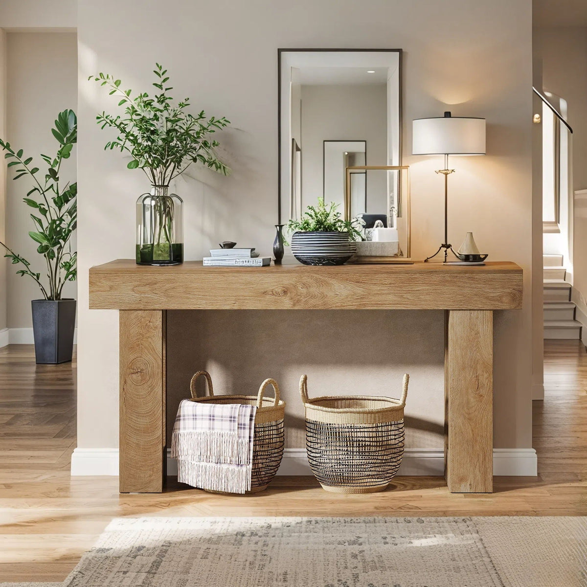 Extra Long Narrow Console Table with Open Storage Shelf in wood finish with two woven baskets on Tampa Home & Garden Store