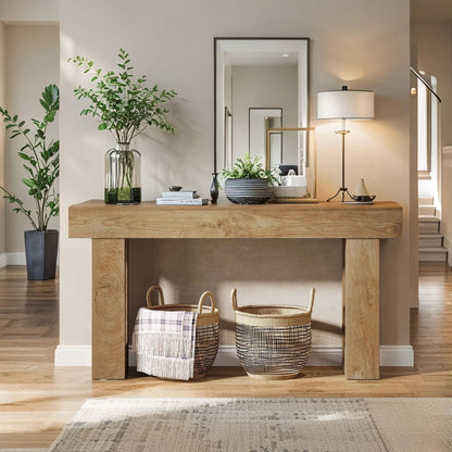 Extra Long Narrow Console Table with Open Storage Shelf in wood finish with two woven baskets on Tampa Home & Garden Store