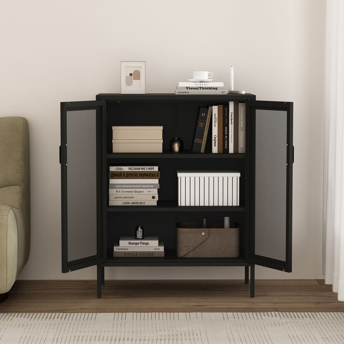 Metal Accent Cabinet with adjustable shelves, black finish and mesh doors, books and decor on Tampa Home & Garden Store