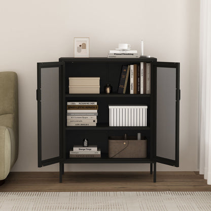 Metal Accent Cabinet with adjustable shelves, black finish and mesh doors, books and decor on Tampa Home & Garden Store