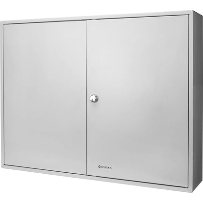 Adjustable key cabinet with lock, two-door wall storage in silver metal, Barska logo on Tampa Home & Garden Store