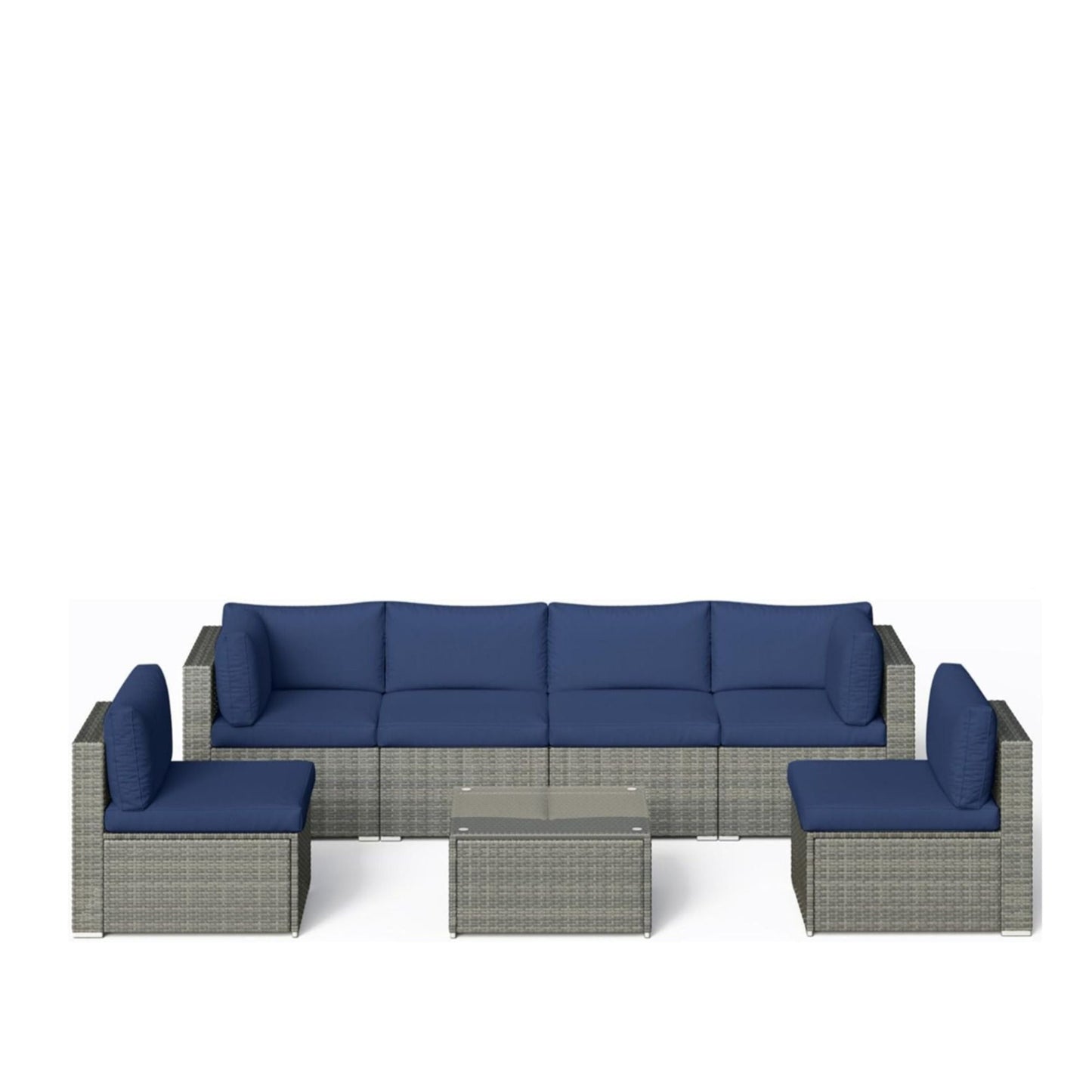 Modern Patio Set with Coffee Table by HouseOfZazla, blue cushions, gray wicker on Tampa Home & Garden Store