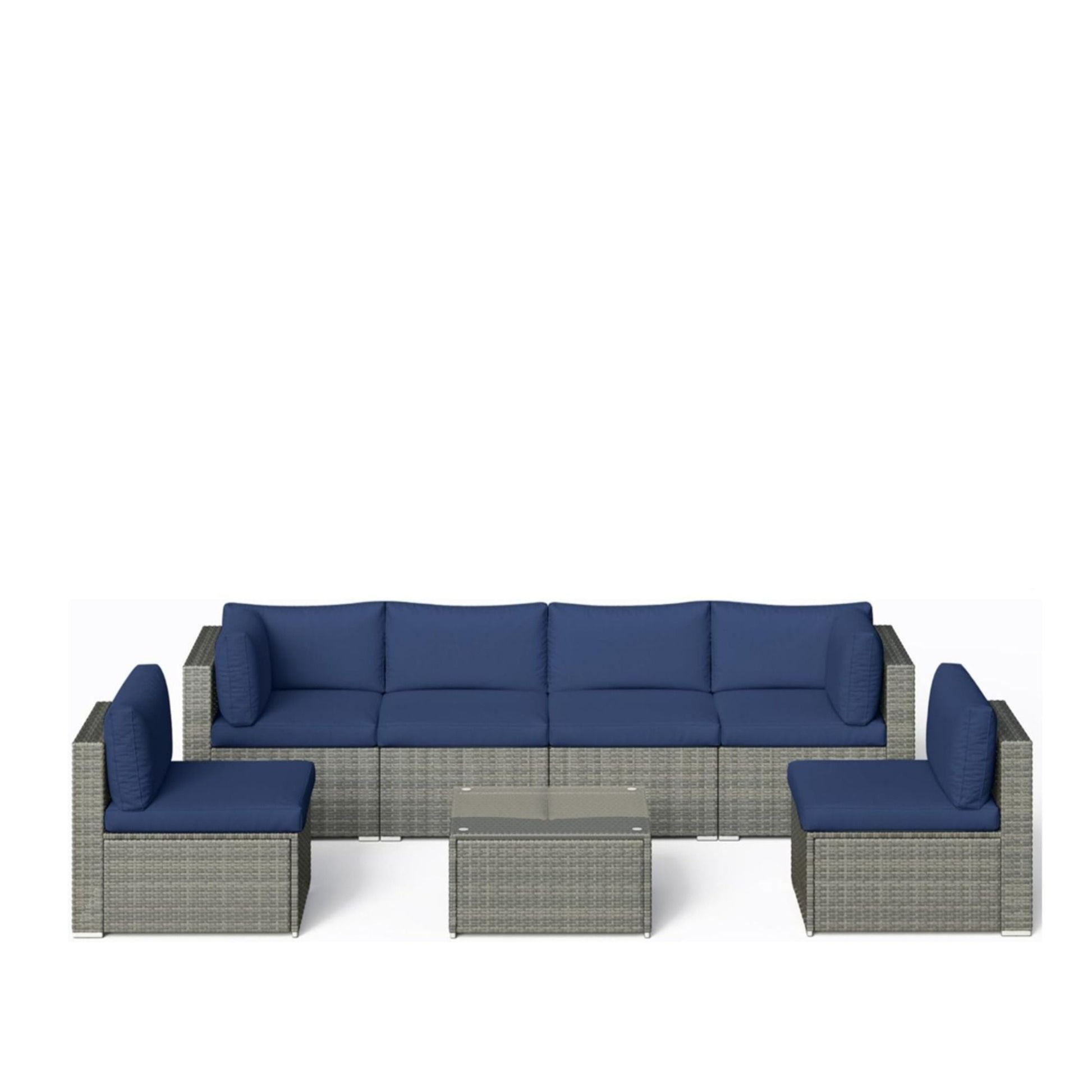 Modern Patio Set with Coffee Table by HouseOfZazla, blue cushions, gray wicker on Tampa Home & Garden Store
