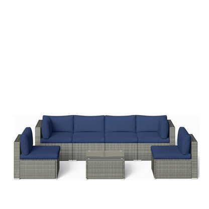 Modern Patio Set with Coffee Table by HouseOfZazla, blue cushions, gray wicker on Tampa Home & Garden Store