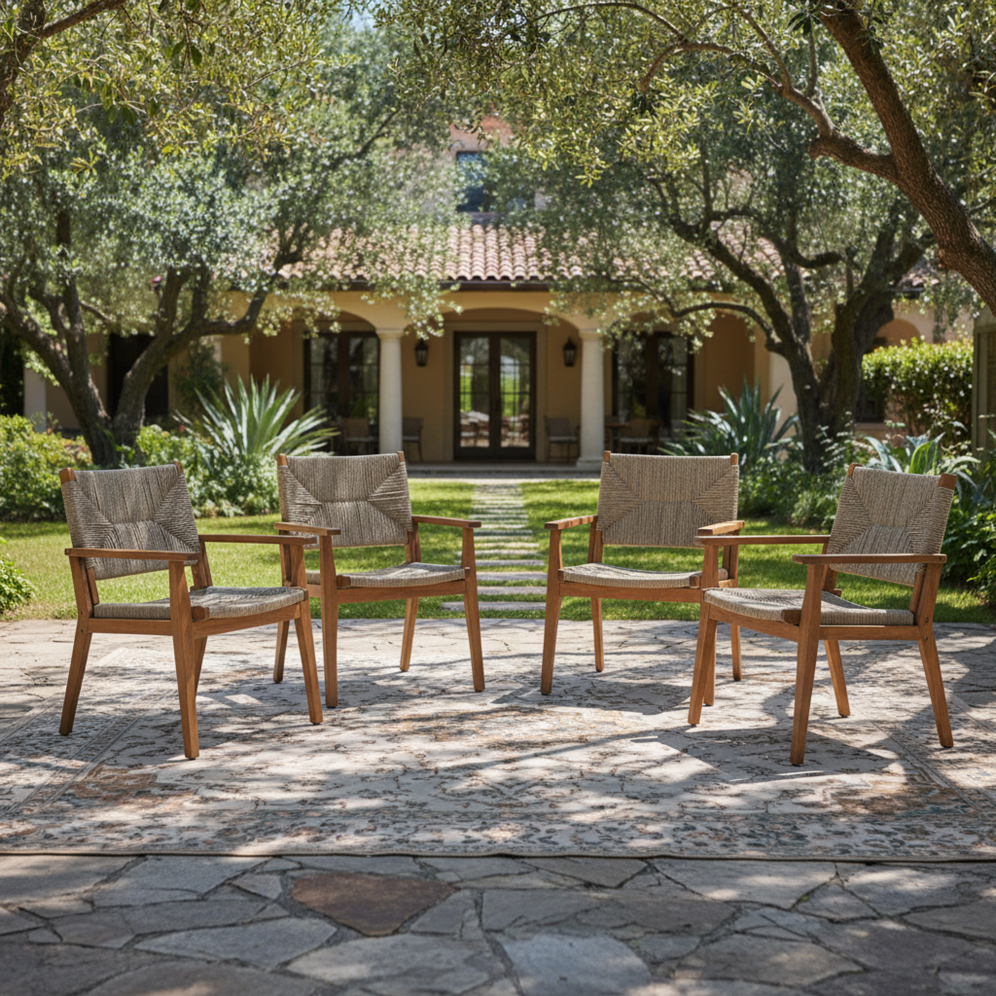 Outdoor dining chairs with acacia wood frames and wicker seats, set of six on a patio on Tampa Home & Garden Store