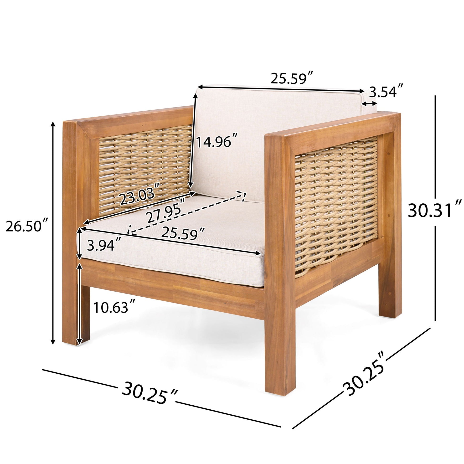 Outdoor Club Chair With Wicker Armrest by HouseOfZazla, wood frame with beige cushion on Tampa Home & Garden Store