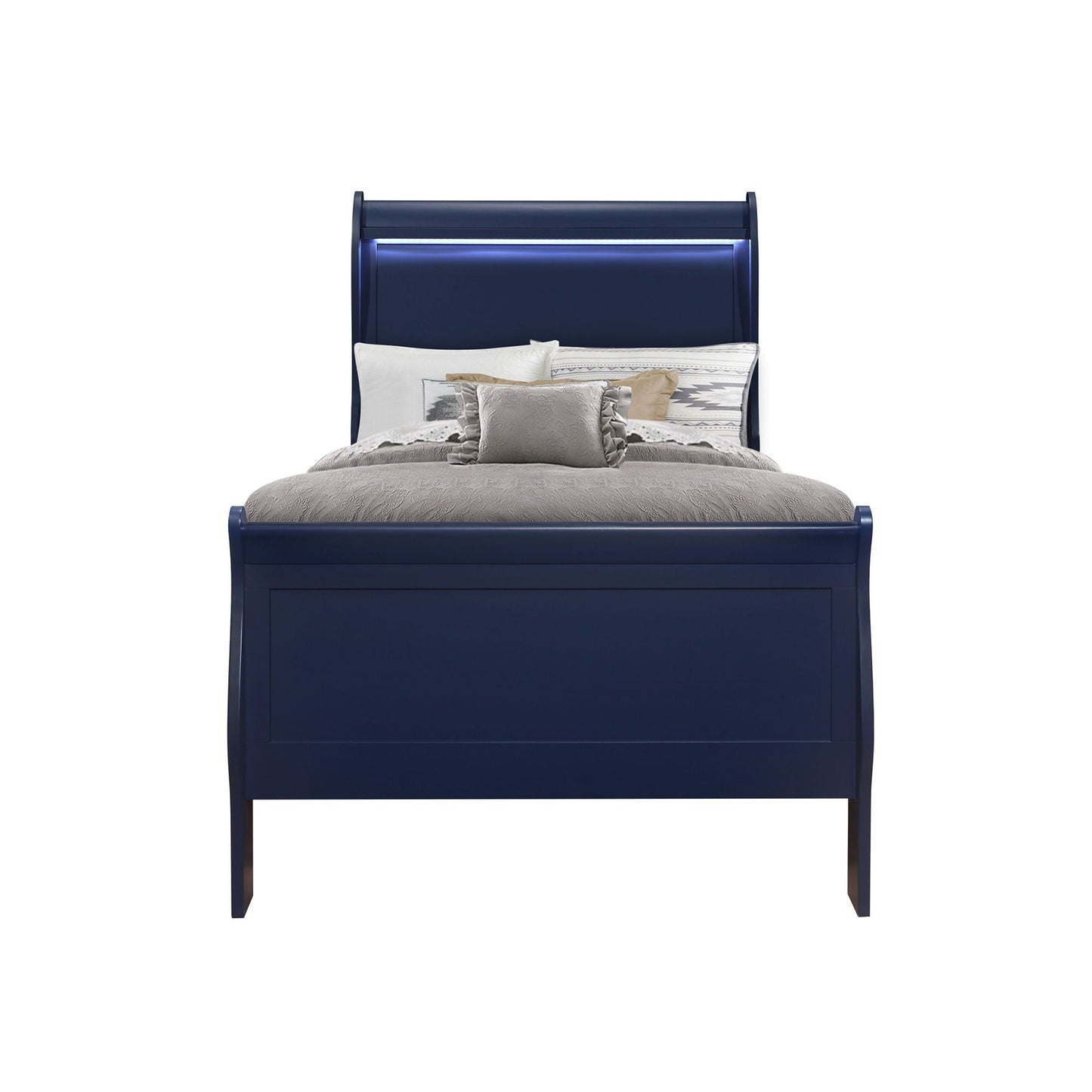 Charlston Bed With LED navy blue sleigh bed by HouseOfZazla with LED headboard accent on Tampa Home & Garden Store