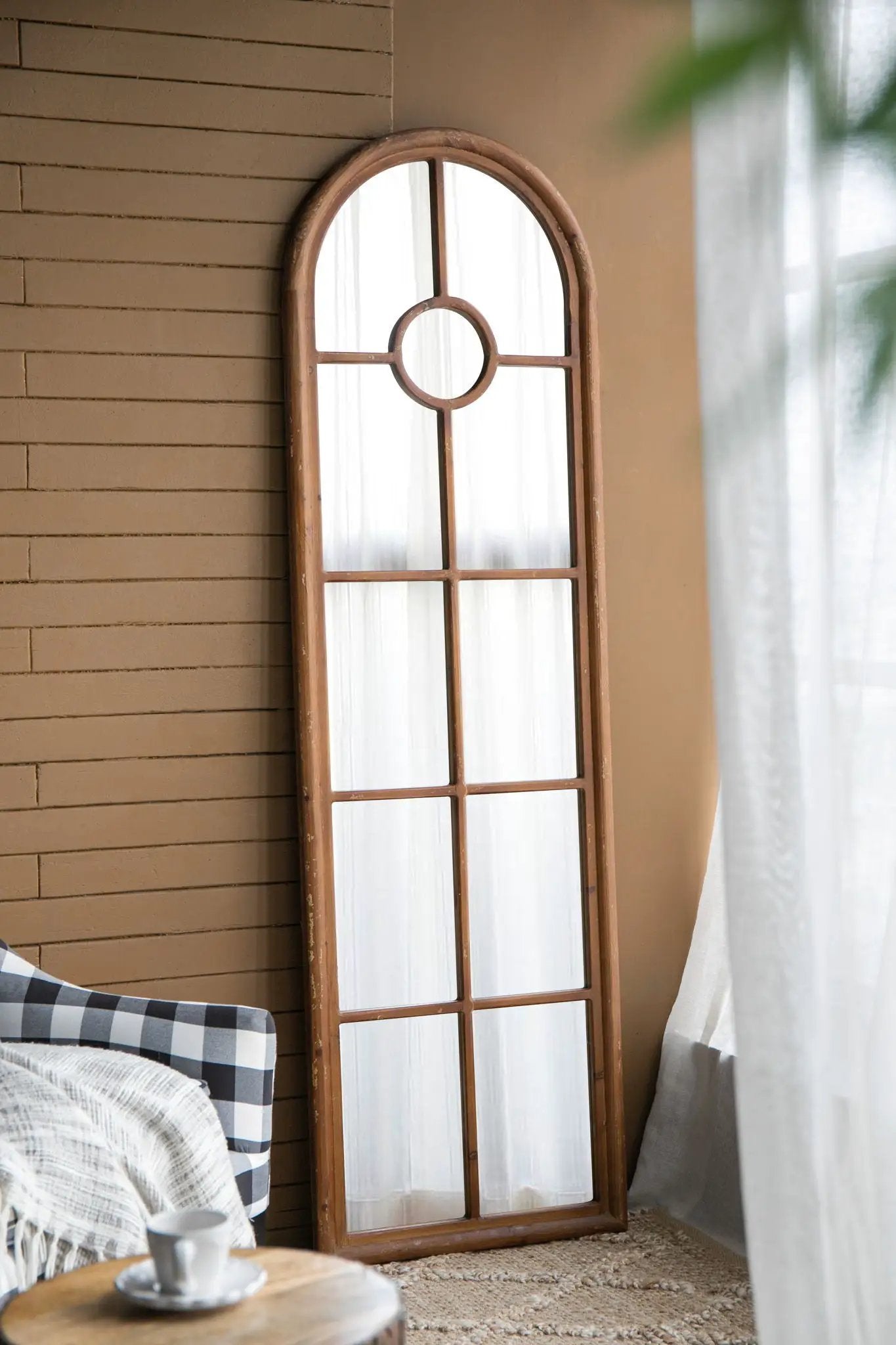 Arched mirror with window-pane design in brown solid fir wood frame, elongated half-round shape on Tampa Home & Garden Store