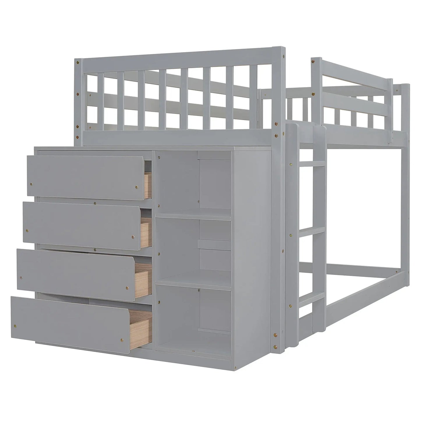 Bunk Bed With Four Drawers and Three Shelves