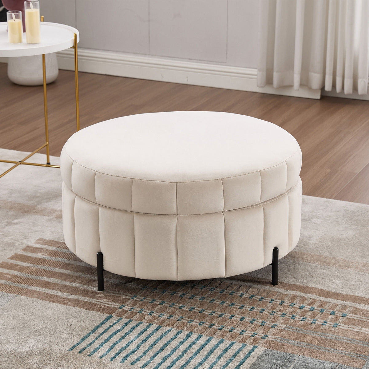 Cream storage ottoman with channel tufting and pumpkin shape, reversible lid, black legs on Tampa Home & Garden Store