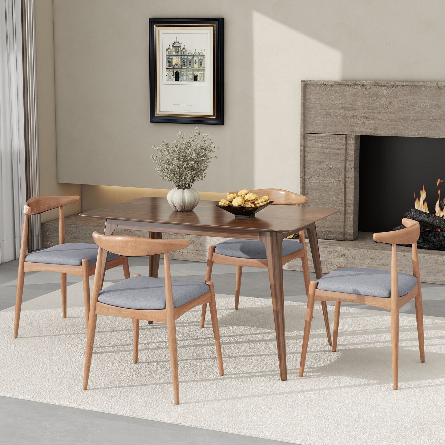Elegant light wood dining chairs with ergonomic backrests and cushioned blue-gray seats on Tampa Home & Garden Store