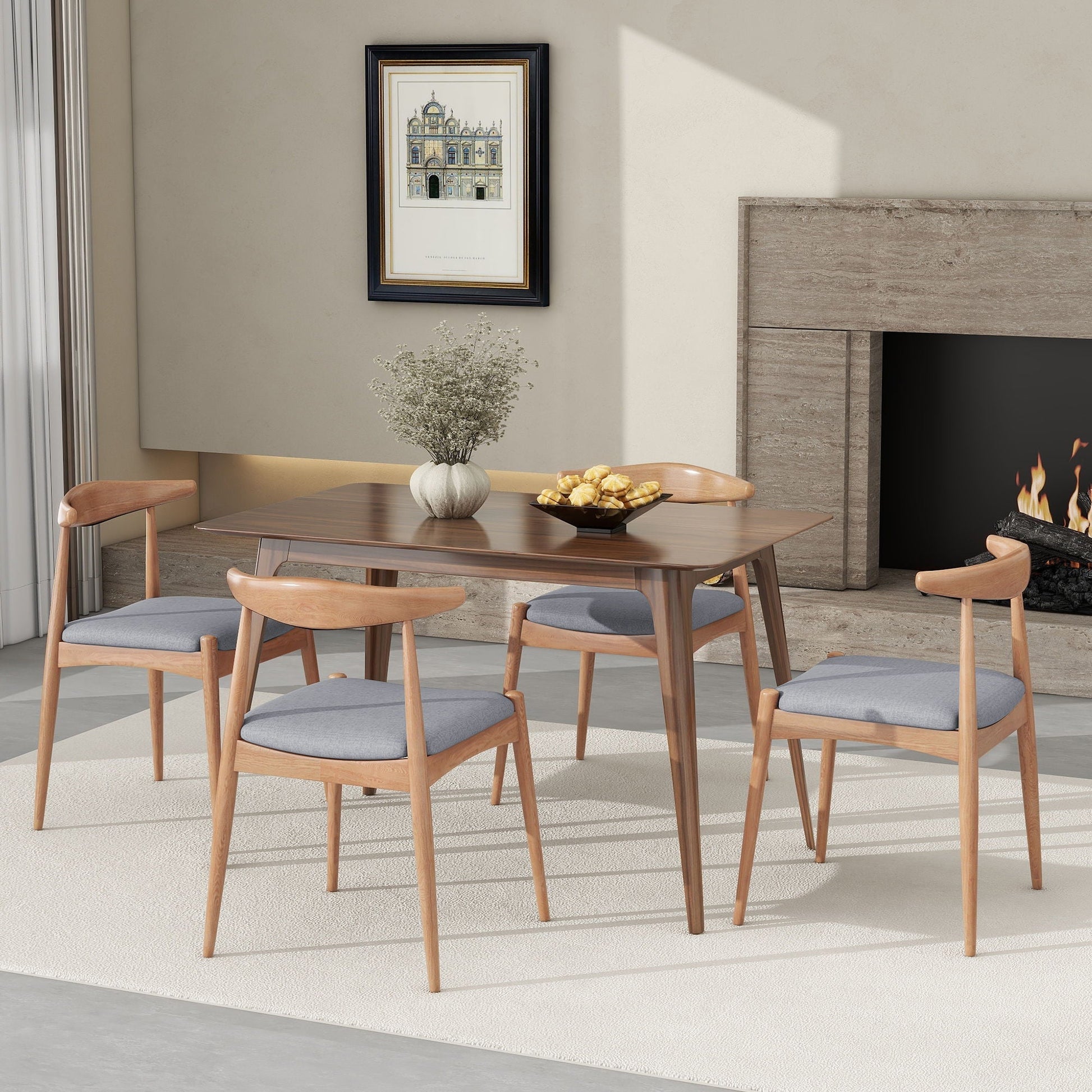 Elegant light wood dining chairs with ergonomic backrests and cushioned blue-gray seats on Tampa Home & Garden Store