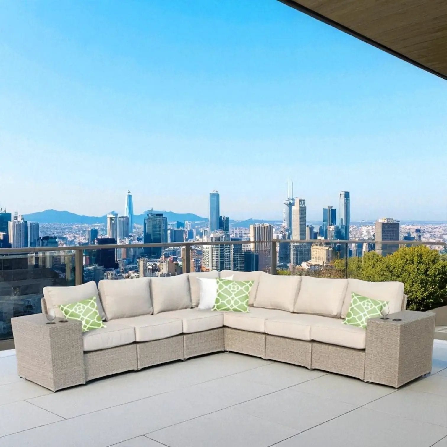 Rattan sectional sofa set with beige cushions and green accent pillows by Unique Piece Furniture on Tampa Home & Garden Store