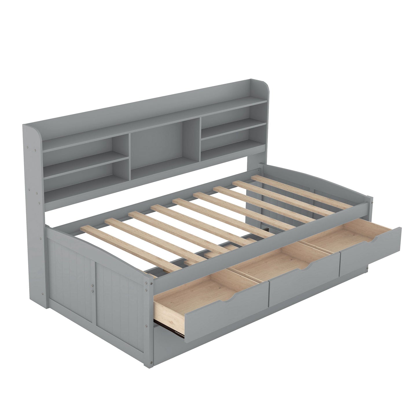 Captain Bed with built-in bookshelves, 3 storage drawers and trundle in gray wood finish by HouseOfZazla on Tampa Home & Garden Store