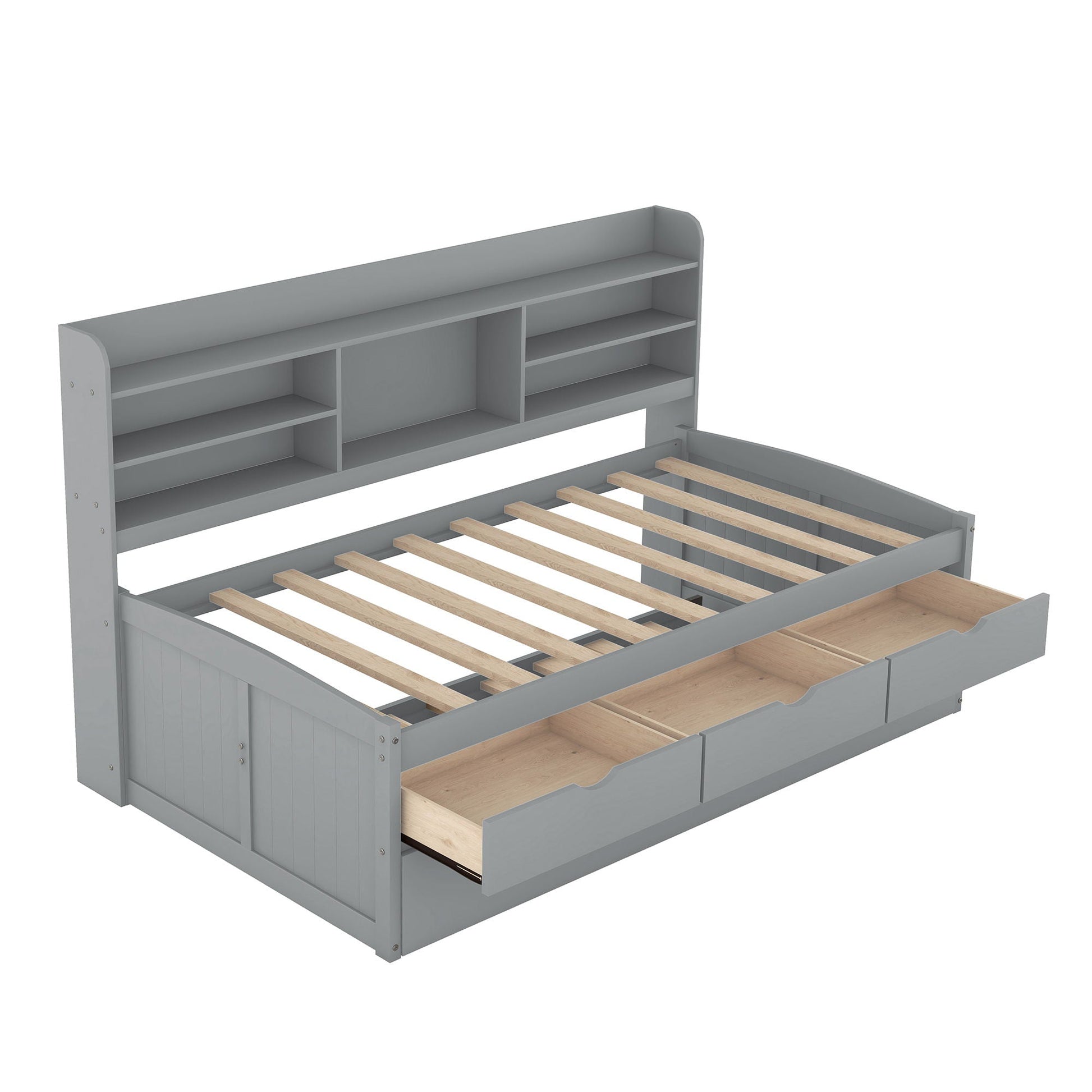 Captain Bed with built-in bookshelves, 3 storage drawers and trundle in gray wood finish by HouseOfZazla on Tampa Home & Garden Store