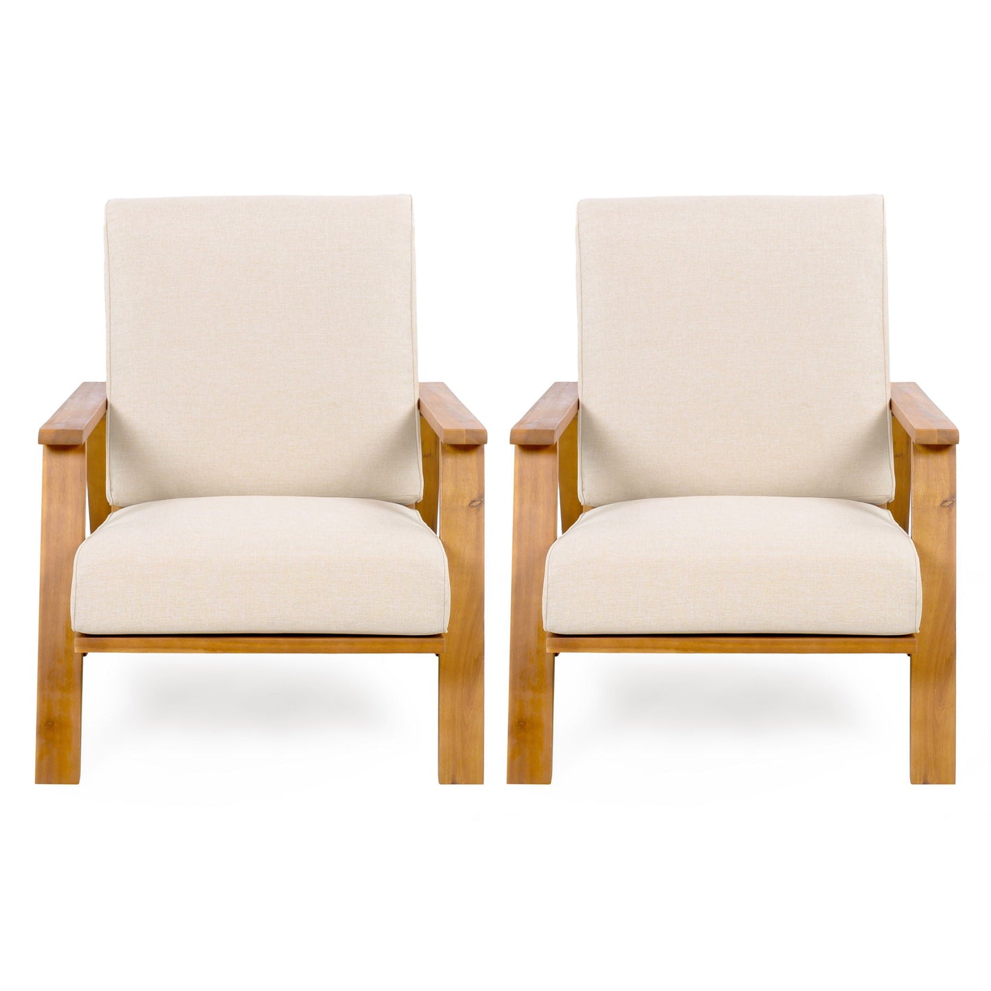 Outdoor patio lounge chair set of 2 with beige fabric cushions and wooden arms on Tampa Home & Garden Store