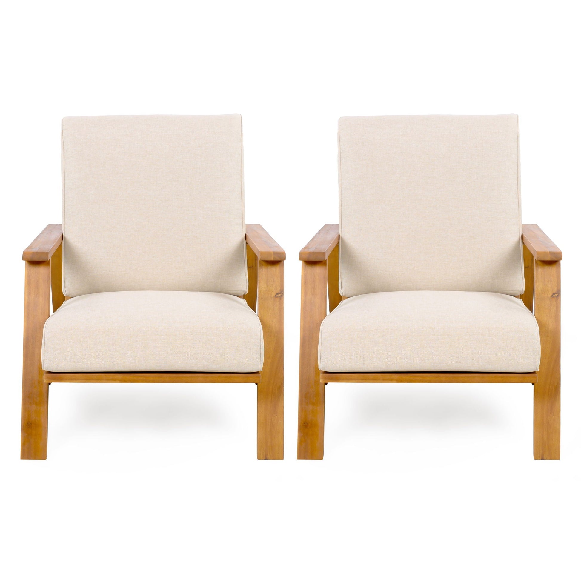 Outdoor patio lounge chair set of 2 with beige fabric cushions and wooden arms on Tampa Home & Garden Store
