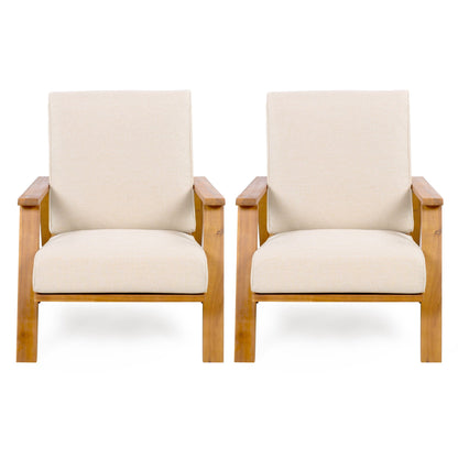 Outdoor patio lounge chair set of 2 with beige fabric cushions and wooden arms on Tampa Home & Garden Store