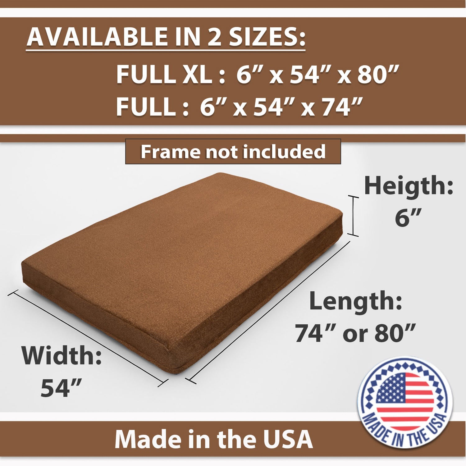 HouseOfZazla memory foam futon mattress full XL brown, 54in wide by 74/80in long on Tampa Home & Garden Store